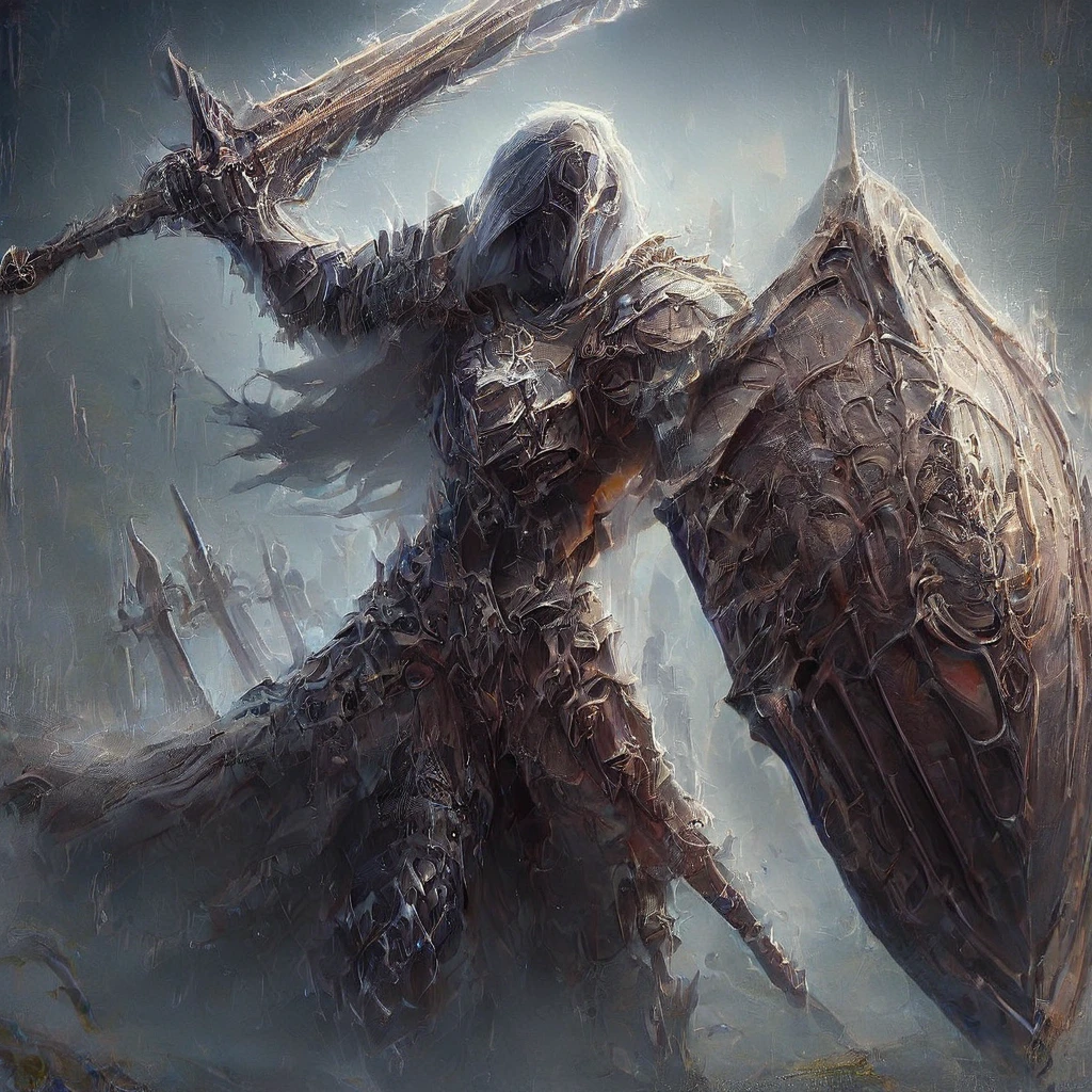 by  Reylia Slaby  and  mage of magic in the style of  Mike Deodato ,   character, sword and shield digital oil pastel on canvas