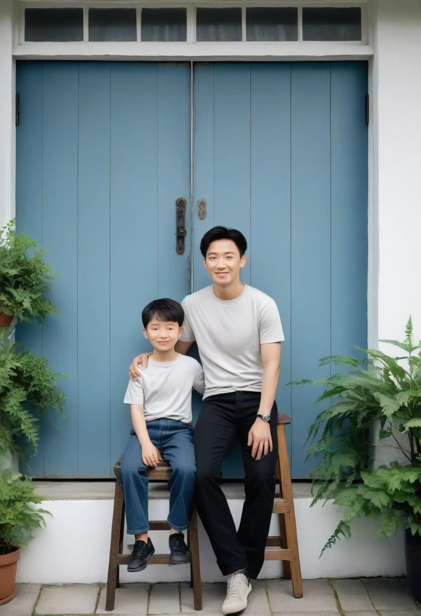 A korean man is standing in front of a rustic blue double door with glass panes at the top, surrounded by green potted plants. The man has short hair styled in a casual manner and is wearing a white shirt and denim  ants. A young korean woman is the man from left side. The woman is wearing a white t-shirt and dark pants, while the toddler boy on the right is wearing a grey top and black pants and is seated on a tall stool. The lighting is soft and natural, suggesting an overcast day or shaded area that diffuses direct sunlight. The pose is affectionate with the children clinging to the adult’s waist tightly as if embracing them lovingly. The camera angle is at eye level capturing this tender moment from slightly below waist height to just above head height of the adult.