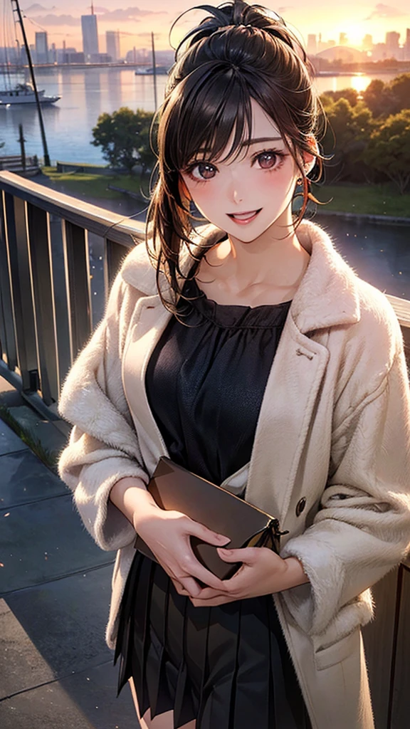 (masterpiece:1.2, Highest quality), (Realistic, photoRealistic:1.4), Beautiful illustrations, (Natural Side Lighting, Cinema Lighting), Browsing Caution,
View your viewers, 1 Girl, Japanese, Beauty、30 years old, Perfect Face, Cute and symmetrical face, Shiny skin,
(Medium Hair, Black Hair、ponytail), Swept-apart bangs, Dark brown eyes, Droopy eyes, Long eyelashes, (Medium chest), Slim body,
Beautiful Hair, Beautiful Face, Beautiful attention to detail, Beautiful clavicle, Beautiful body, Beautiful breasts, Beautiful thighs, Beautiful feet, Beautiful fingers,
(Beige coat, Black blouse, Box Pleated Skirt)、Shoulder bag、
(Beautiful views), sunset, (Riverside)、 Are standing, (smile, Open your mouth a little),