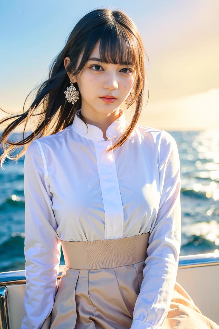 (8K、RAW Photos、Highest quality、masterpiece:1.2)、(Realistic、Realistic)、1 Girl、((Big Breastsショートヘア、Looking into the camera:1.4))、Hair blowing in the wind,Blue Eyed Woman、A woman with a cute upward gaze、The sky darkens、The sun goes down、The sky turns red、Tight clothing that shows your body lines、The collar of his shirt is obscenely open、Gorgeous white collared silk shirt、mini skirt、High quality genuine leather strap、Elegant attire、Luxury Bags、((Semi-long hair:1.4))、Skyscrapers seen across the sea、Manhattan,sland is visible offshore、Woman on a sightseeing boat、Side Ponytail、The sun shines on her、No sleeve、Light brown hair、Light brown hair、The sky was dyed red、There are clouds、It's cute、An elegantly dressed woman is sitting on a boat and watching the sunset、Her huge breasts are obvious even through her clothes...、輝く太陽はとてもbeautiful、Dusk is approaching、Lens flare、I can see the sun setting、((Sunlight reflecting off the ocean、Ocean View、The sun shines on the sea、beautiful.、Small earrings、evening、bird、Brown Hair Color、Tying up hair、The woman is on the right:1.4))、Luxury Leather Belts、Shiny clothes、Light beige hair color、Background Blur、Braid only the front hair、Light brown hair、{{Cowgirl Shot}}、((Close-up shot from the waist up、Big Breasts:1.4))、Big Breasts、にっこりsmile、Silk clothing、服からでも分かるBig Breasts、Braid only the front hair、Cowboy Shot、Gorgeous white collared silk shirtと茶色のスカート、Elegant attireを、Luxury Bags、なsmile、((Airplane in the background、I'Coming to the airport))、Full body photo、ring、Short skirt、Tuck your hair behind one ear、Silver Necklace、smile、 Elegant ponytail、Caustics、Highly detailed photos、Very beautiful and ideal、Big Breasts、Super no makeup、