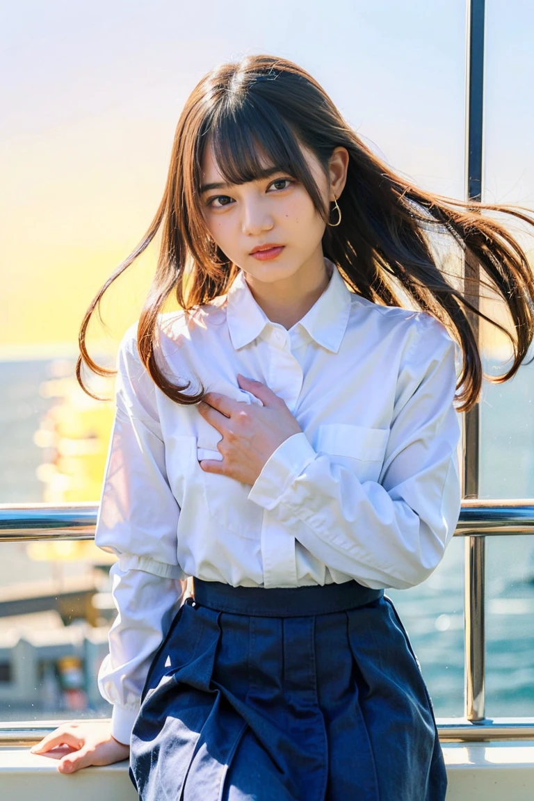(8K、RAW Photos、Highest quality、masterpiece:1.2)、(Realistic、Realistic)、1 Girl、((Big Breastsショートヘア、Looking into the camera:1.4))、Hair blowing in the wind,Blue Eyed Woman、A woman with a cute upward gaze、The sky darkens、The sun goes down、The sky turns red、Tight clothing that shows your body lines、The collar of his shirt is obscenely open、Gorgeous white collared silk shirt、mini skirt、High quality genuine leather strap、Elegant attire、Luxury Bags、((Semi-long hair:1.4))、Skyscrapers seen across the sea、Manhattan,sland is visible offshore、Woman on a sightseeing boat、Side Ponytail、The sun shines on her、No sleeve、Light brown hair、Light brown hair、The sky was dyed red、There are clouds、It's cute、An elegantly dressed woman is sitting on a boat and watching the sunset、Her huge breasts are obvious even through her clothes...、輝く太陽はとてもbeautiful、Dusk is approaching、Lens flare、I can see the sun setting、((Sunlight reflecting off the ocean、Ocean View、The sun shines on the sea、beautiful.、Small earrings、evening、bird、Brown Hair Color、Tying up hair、The woman is on the right:1.4))、Luxury Leather Belts、Shiny clothes、Light beige hair color、Background Blur、Braid only the front hair、Light brown hair、{{Cowgirl Shot}}、((Close-up shot from the waist up、Big Breasts:1.4))、Big Breasts、にっこりsmile、Silk clothing、服からでも分かるBig Breasts、Braid only the front hair、Cowboy Shot、Gorgeous white collared silk shirtと茶色のスカート、Elegant attireを、Luxury Bags、なsmile、((Airplane in the background、I'Coming to the airport))、Full body photo、ring、Short skirt、Tuck your hair behind one ear、Silver Necklace、smile、 Elegant ponytail、Caustics、Highly detailed photos、Very beautiful and ideal、Big Breasts、Super no makeup、