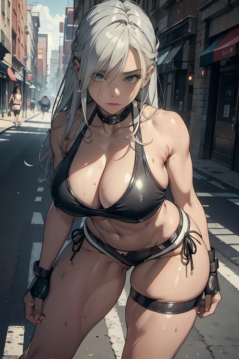 (masterpiece), best quality, perfect face, silver hair, long hair, short leather shorts, sweat, dirty bikini, , buttom, front view, thick legs, fitness, street, wide hips, breast, cleavage