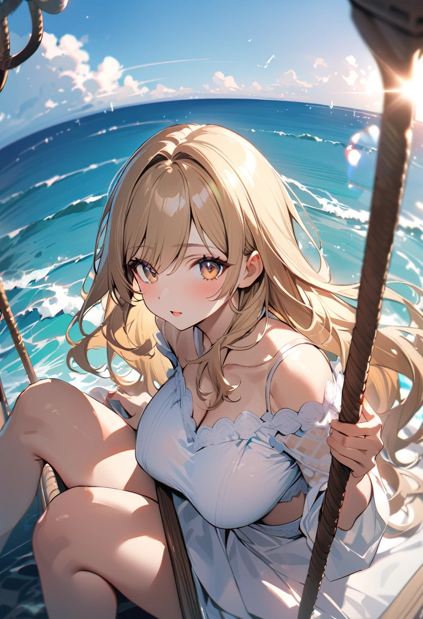 1 lady, 20 years old, blonde hair, long hair, wavy hair, light brown eyes, huge breasts,
BREAK (masterpiece), (high resolution 8K), cinematic lighting, professional lighting, detailed eyes and face, detailed body, 
BREAK　A beautiful  woman stands at the end of a wooden jetty, her gaze pensive as she looks out over the calm, azure sea. She’s wearing a sleek, navy blue bikini that contrasts elegantly with the light wood and the clear blue water. Her hands are lightly clasped in front of her, and her posture is relaxed yet composed. The camera captures her from a medium distance, allowing the length of the jetty and the vast ocean to frame her thoughtfully, emphasizing a moment of solitude and reflection
