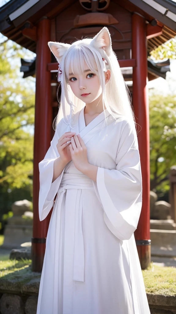 White haired shrine maiden。Holding a crystal ball in both hands