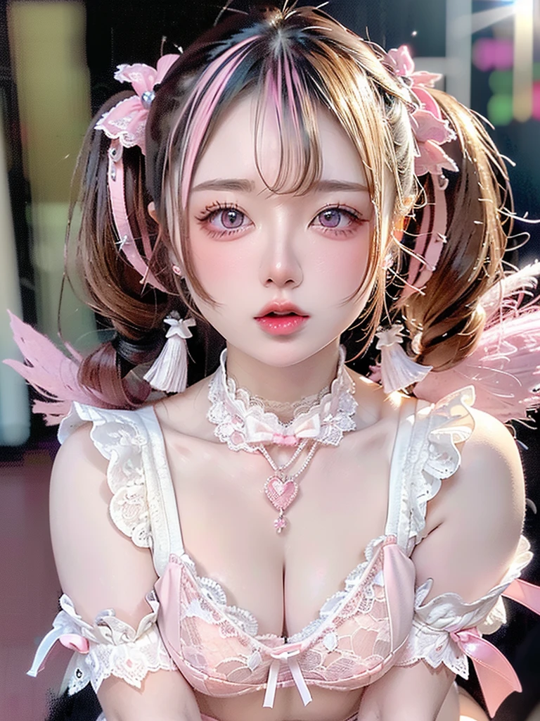 ((Highest quality)),(Ultra-high resolution),(Very detailed),(Detailed Description),((The best CG)),(masterpiece),Very detailedなアート、Small breasts、Whitening 1.5、Translucent white skin、(((Pink lace bra 1.5)))、High Leg 1.4、Ribbon hair ornament、(((Bun Hair 1.5)))Tying up hair、Glitter Necklace、Ultimate Beauty 1.5、((( Place your right hand on your mouth 1.5)))、Open your mouth、(((Mid-shot photo 1.5)))