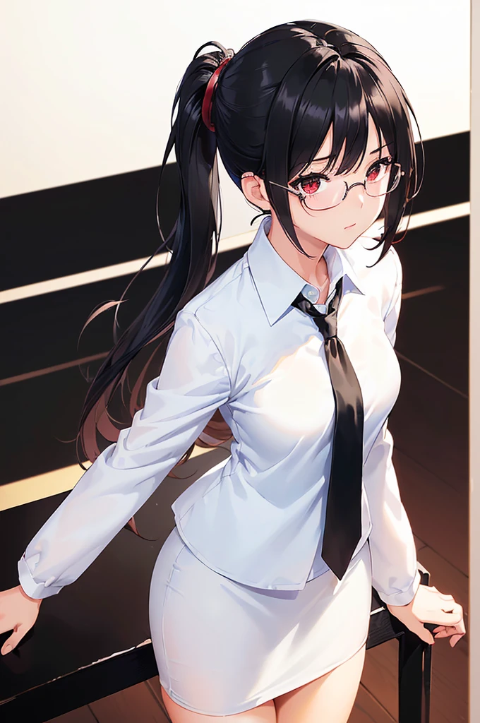 (masterpiece; best quality: 1.2), (finely detailed eyes: 1.3), ((25 year old woman)), ((solo)), (red eyes: 1.4), (body; gorgeous, soft, femenine: 1.3), (silky black hair + low ponytail: 1.3), (beautiful and clear background: 1.2), ((depth of field)), (equipment: white labcoat + black shirt + white necktie + black pencil skirt + black square glasses: 1.3), (anime illustration: 1.2), (background composition; japanese highschool classroom + furniture: 1.1), (extremely fine and beautiful: 1.1), (shot composition; standing + centered on torso + close-up: 1.5), (expression; calm, stoic: 1.2)