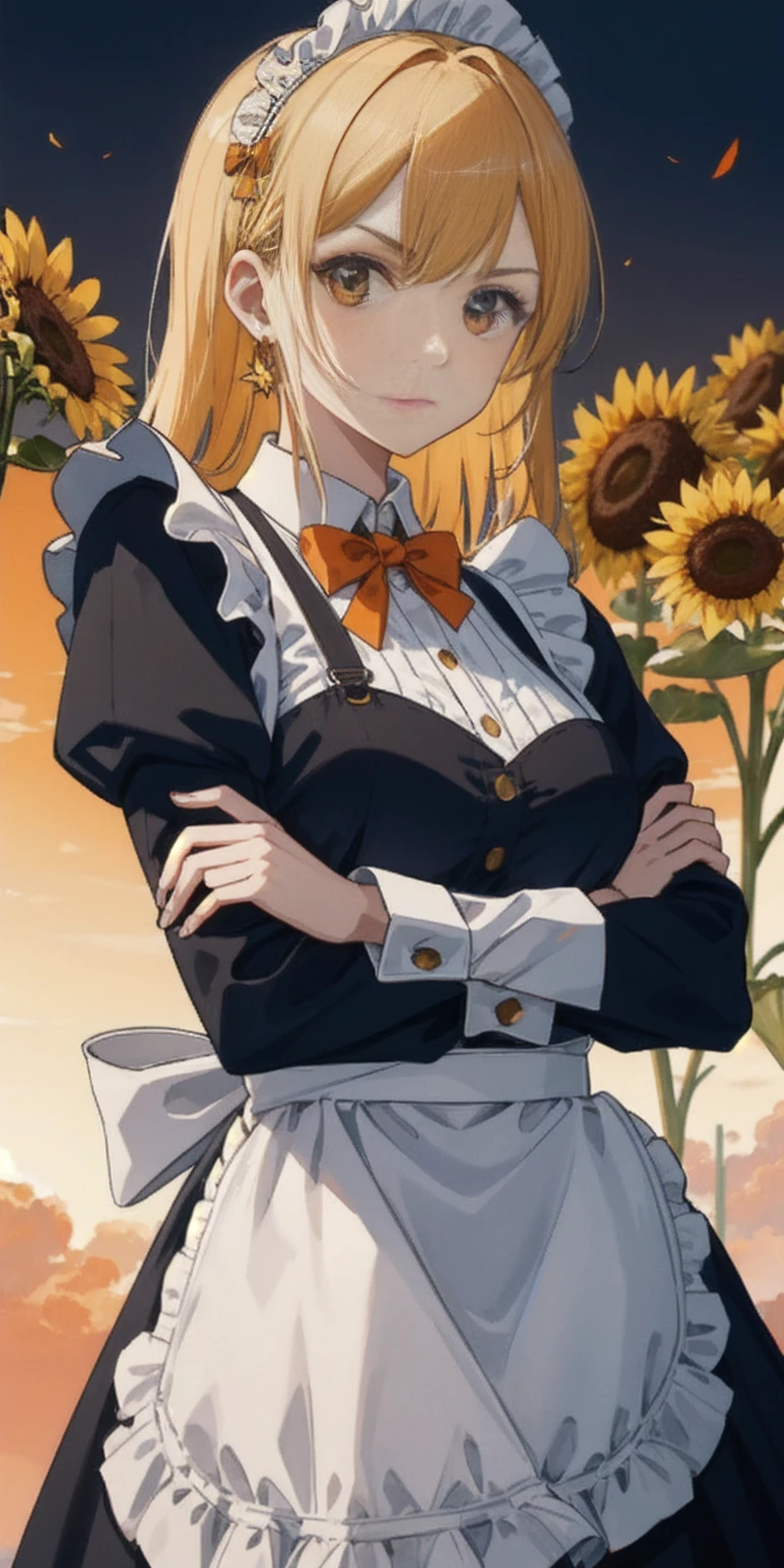 1girl, apron, blonde hair, bow, breast hold, breasts, brooch, closed mouth, crossed arms, dress, dusk, enmaided, evening, frown, ginkgo leaf, gradient, gradient background, long hair, long sleeves, looking at viewer, maid, maid apron, maid headdress, medium breasts, orange background, orange sky, orange theme, ribbon, solo, sunflower, sunset, v-shaped eyebrows, white apron, yellow background, yellow sky, yellow theme