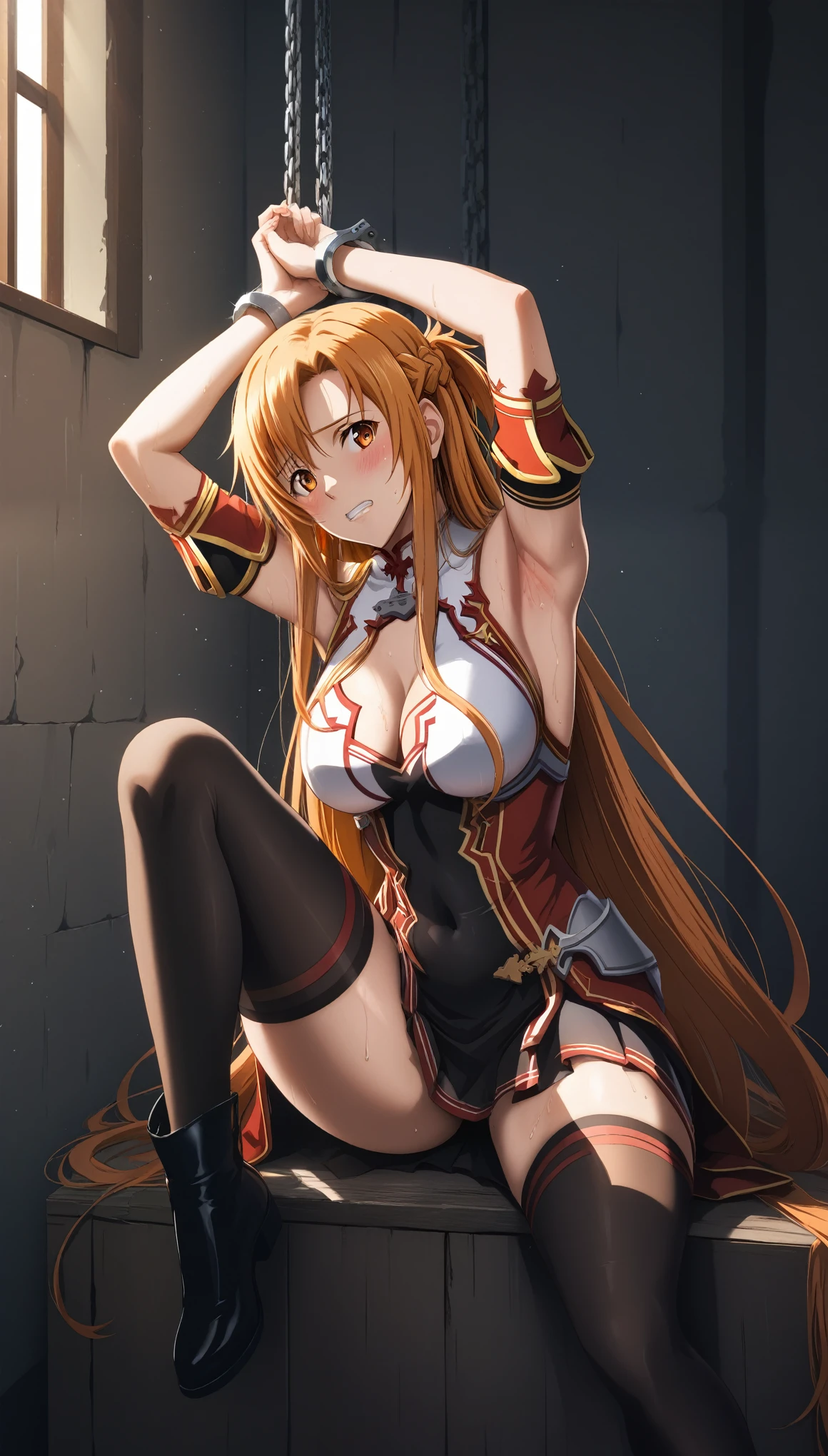 (harayutaka art style:0.7), score_9, score_8_up, score_7_up, score_6_up, uncensored, asuna yuuki from sword art online, orange hair, long hair, orange eyes, fold, BREAK (masterpiece:1.2), best quality, high resolution,(detailed eyes:1.3), perfect lighting, (perfect hands, perfect anatomy), large breasts, solo, armpits, chained, handcuffs, sitting, looking_at_viewer, bdsm, covered_navel, cleavage, bound, navel, black_legwear, embarrassed, clenched teeth, sweating, blush face, gasping, 