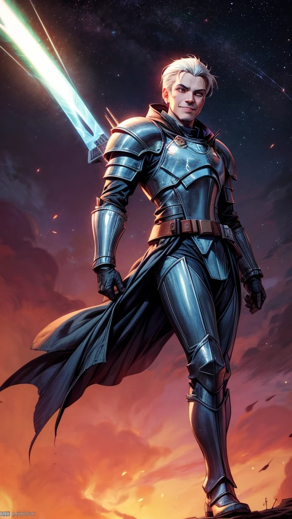 full-body shot, star wars: the clone wars, comic art style, (heroic young man, tall and brawny, irish pale white albino, subtle grin, long spiky white hair, thick white eyebrows, pink eyes), ??????? greatsword, larger thicker flat green plasma blade, in a sword stance, black metal knight plate armor with a pauldron, bright Coruscant day, space station in the background, solo,