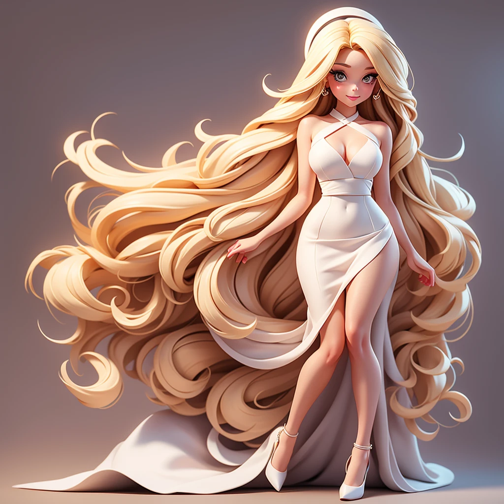 A sexy cartoon woman in white dress posing gracefully for a photo, beauty in loose dress, long straight blonde hair, Waist slender, sexy girl, mulher de corpo inteiro, wearing loose dress, beautiful seductive woman, slender figure, cartoon vector style, corpo pin-up, Broad Hips