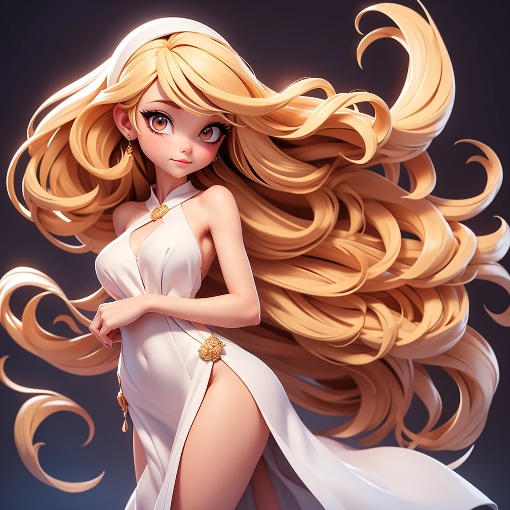 A sexy cartoon woman in white dress posing gracefully for a photo, beauty in loose dress, long straight blonde hair, Waist slender, sexy girl, mulher de corpo inteiro, wearing loose dress, beautiful seductive woman, slender figure, cartoon vector style, corpo pin-up, Broad Hips