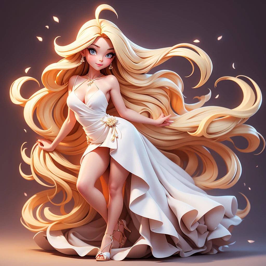 A sexy cartoon woman in white dress posing gracefully for a photo, beauty in loose dress, long straight blonde hair, Waist slender, sexy girl, mulher de corpo inteiro, wearing loose dress, beautiful seductive woman, slender figure, cartoon vector style, corpo pin-up, Broad Hips