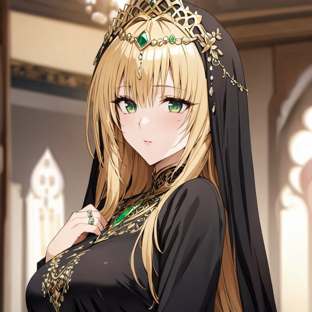 ((Highest quality)), ((masterpiece)), (detailed), (Perfect Face)、The woman is a devout Muslim Tiara with deep dark skin, and is wearing a gorgeous, glittering abaya with gold embroidery at an Islamic prayer hall, a gorgeous hijab, a gorgeous hair ornament, and gorgeous jeweled accessories and an engagement ring.、The woman is an elegant Tiara with green eyes, medium blonde hair and a gorgeous hijab. She is a Muslim Arab Tiara with bright brown skin and wearing an abaya.、(The woman is a dark-skinned Arab devout Muslim named Tiara.)