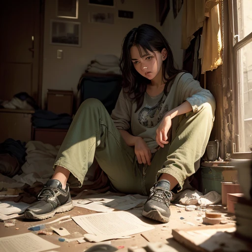 ((Best picture quality)),((Masterpiece)),((Deleted)),(Best picture quality,Super-resolution,High-resolution,Masterpiece:1.2), Female in 20s, Female sitting, messy room, ransacked, sad expression, slumped over, heavy clothing, long pants, shoes removed