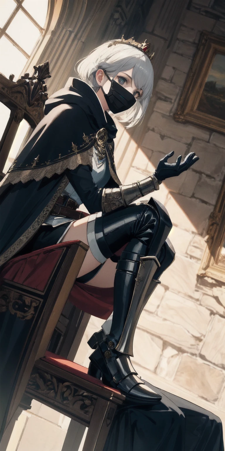 (masterpiece, best quality, absurdness, 4k, aesthetic, detailed, intricate, perfect lighting) cinematic angle, 1sologirl, sitting on throne, elbow rest, castle interior, mask, hood, cape, belt, armor, cloak, red gloves gauntlets, bkcrown