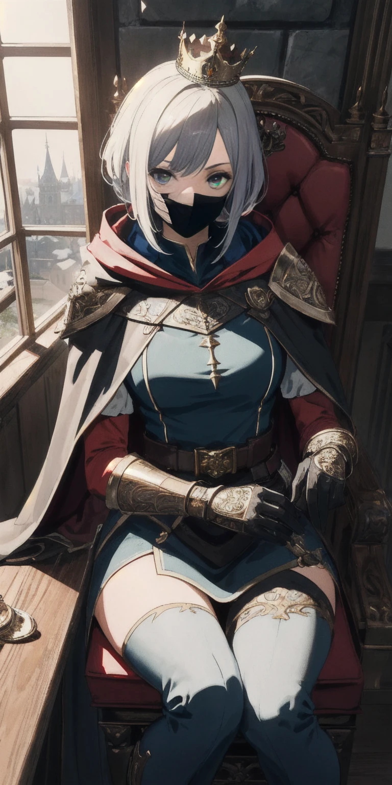(masterpiece, best quality, absurdness, 4k, aesthetic, detailed, intricate, perfect lighting) cinematic angle, 1sologirl, sitting on throne, elbow rest, castle interior, mask, hood, cape, belt, armor, cloak, red gloves gauntlets, bkcrown