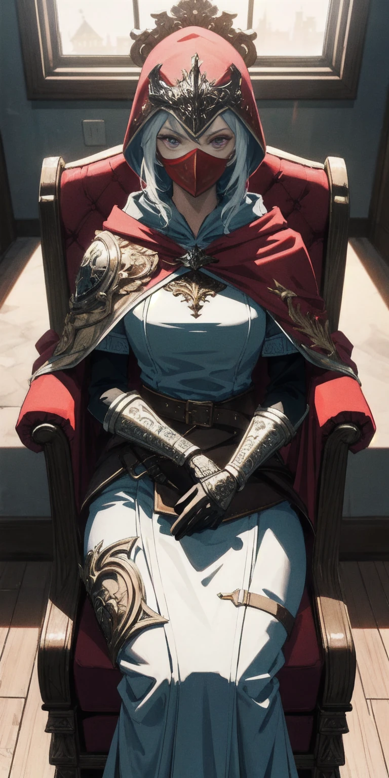 (masterpiece, best quality, absurdness, 4k, aesthetic, detailed, intricate, perfect lighting) cinematic angle, 1sologirl, sitting on throne, elbow rest, castle interior, mask, hood, cape, belt, armor, cloak, red gloves gauntlets, bkcrown