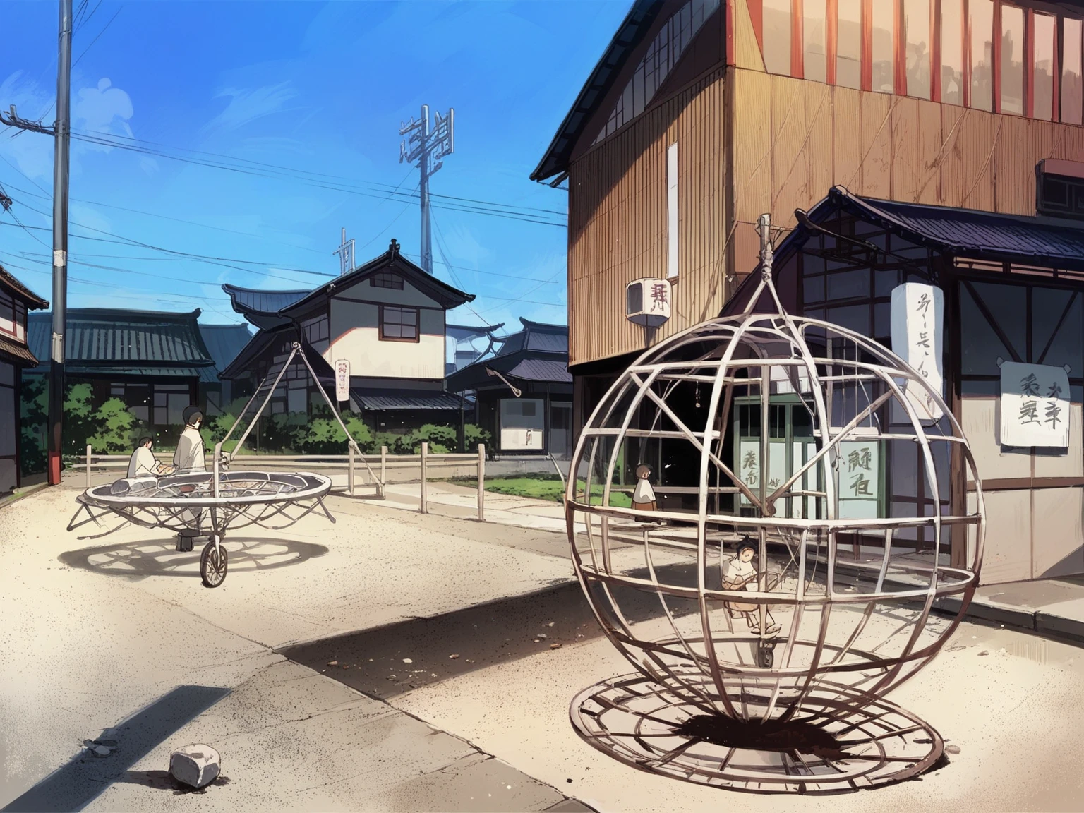 There are several metal balls on the ground., Japanese countryside町, Floating Agricultural Sphere, Japanese Street, Japanese Village, Japanese countryside, Japanese Neighborhood, Historical background, By Aguri Uchida, Edo period house in the background, Taken with a Sony A3 camera, by Yasushi Sugiyama, outside, by Katsukawa Shun'ei