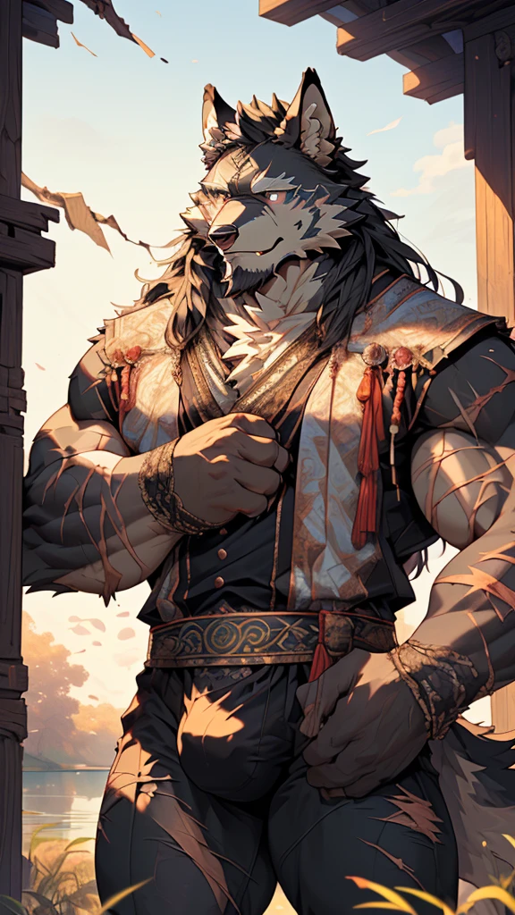 (masterpiece),(highres),(intricate details:1.4),extremely detailed,(illustration:1.2),8k,photorealistic,exquisite,,aged,elder male wolf,muscular,(general:1.7),,manhood,warrior,(black fur:1.3),long hair,long beard,(numerous scars:1.2),(badly damaged:1.7),(bulging crotch:1.8),(homosexual),(a serene face:1.9)