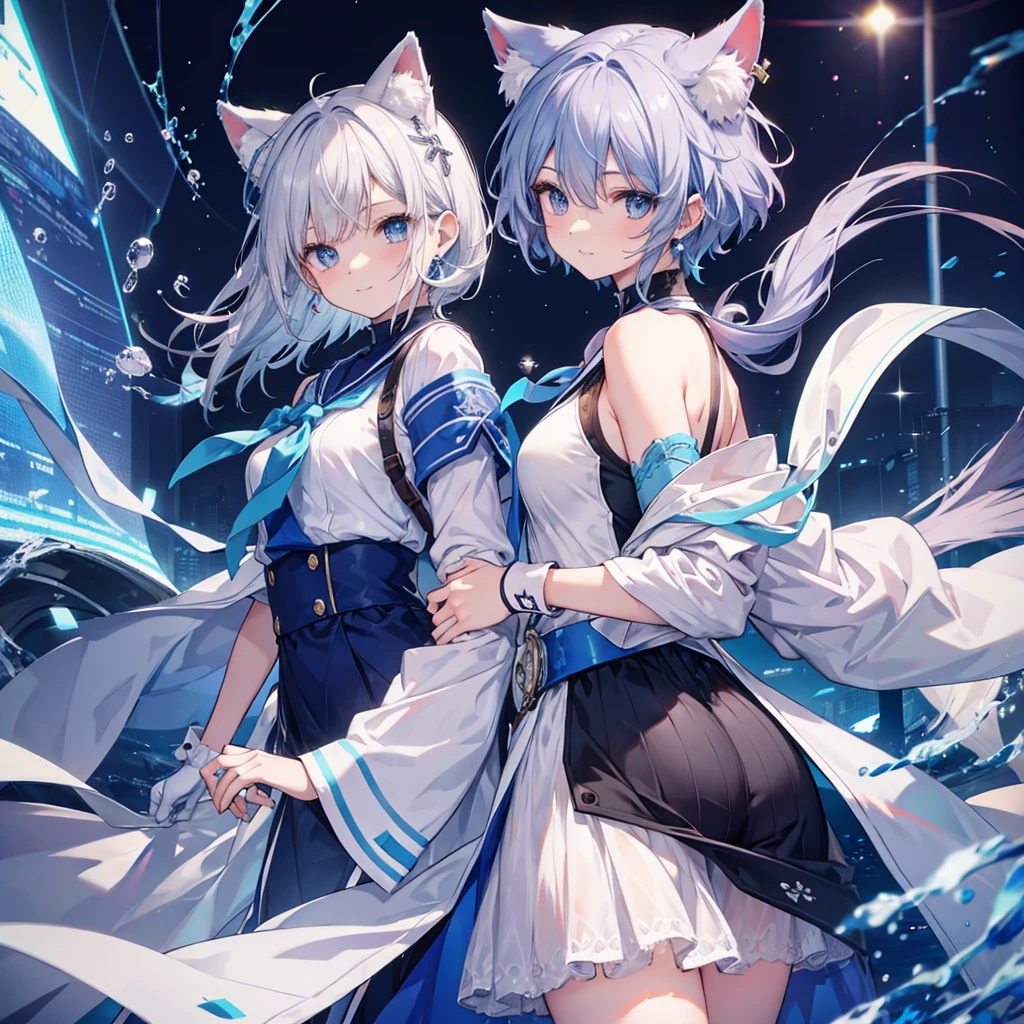 Gray Hair blue eyes short hair have student Cat ear Nice Blue Earrings necklace gloves beauty thin Sailor suit Fantasy smile sunset Fluffy hair
