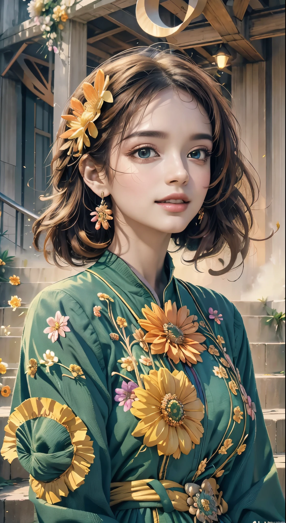 official art, unity 8k wallpaper, ultra detailed, beautiful and aesthetic, beautiful, masterpiece, best quality, (ecstasy of flower:1.2), dynamic angle, the most beautiful form, elegant, a brutalist designed, vivid colours, romanticism, atmospheric, warm smile, bright eyes detailed eyes, thick line art, dream scape, stairs to heaven