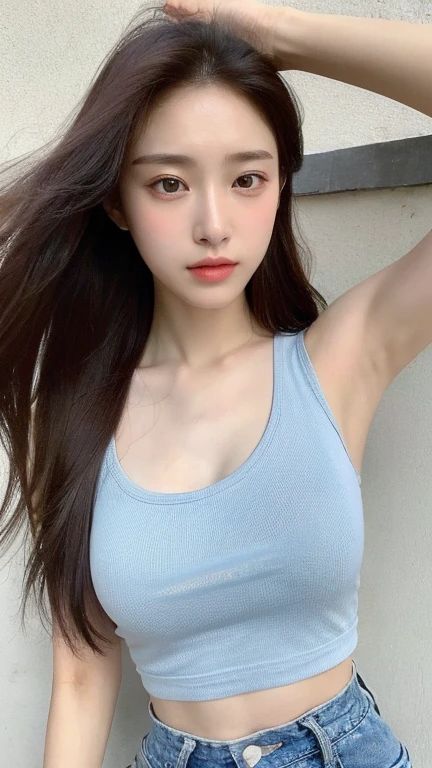 (Real Stick, High resolution:1.3), 1 Girl with a perfect body, Very detailed face and eyes,Long Hair, Random color tank top:1.2, Jeans Shorts, Big ,Expose the neckline