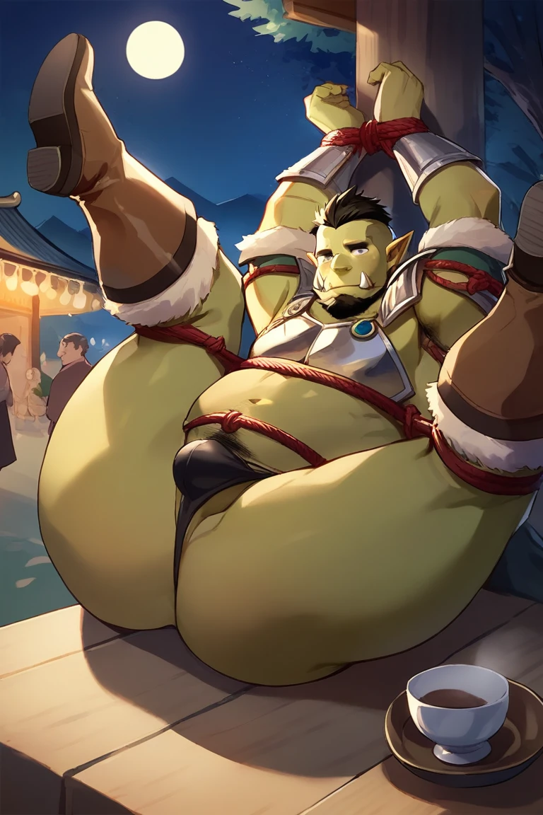 score_9, score_8_up, score_7_up, solo, male focus, chubby young male, orc, green skin, tusks, beard, outdoors , shoulder armor, plate, upper body, closed mouth, pauldrons, night , shibardage , japestival , 祭り , (( transparent thong )) , massive oversized testis , full body , boots , laying spread legs , legs u , massive ass , tear , ashamed face