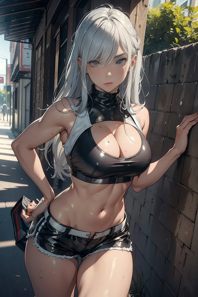 (masterpiece), best quality, perfect face, silver hair, long hair, short leather shorts, sweat, dirty bikini, , buttom, front view, thick legs, fitness, street, cleavage