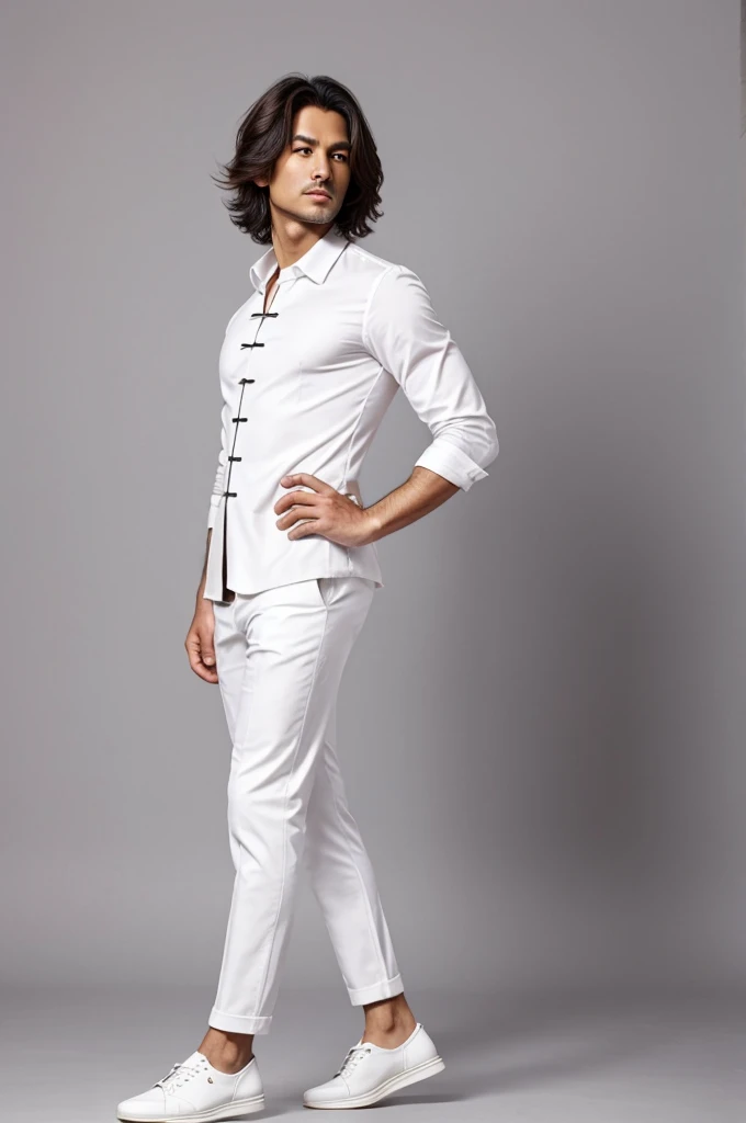Gender and age:male,40-year-old height and body shape:Height 180 cm,Strong body type Hair style and hair color:Black short hair,Slightly messy eyes:Dark Brown,Firm eyes and complexion:Medium skin tone,Healthy Sunshine Color Clothing:Wear a designer suit,White shirt,Black leather shoes,Slightly messy accessories:Wear a black watch,No other accessories:Hands in pockets,Slight full body sideways background:Solid color background,Light Gray Chinese,Handsome,Lovely photo-realistic style