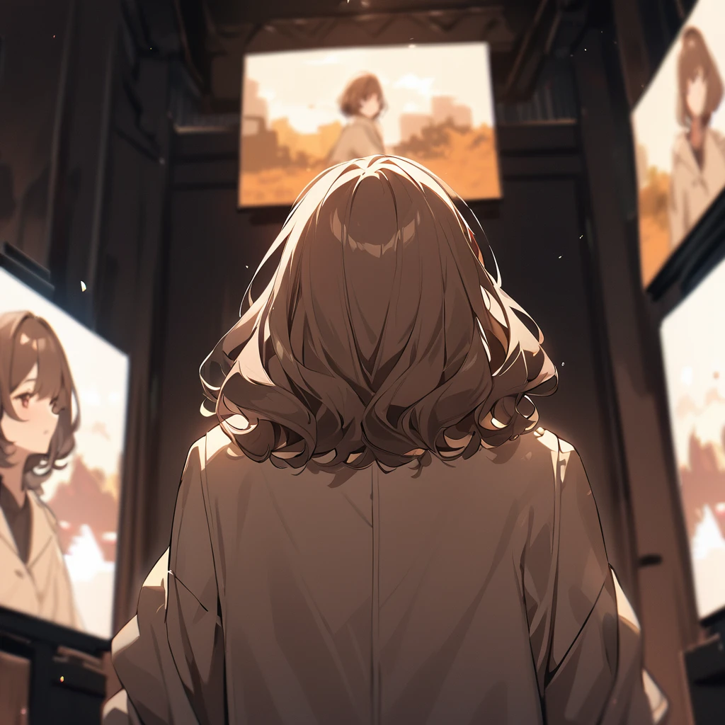 A girl with brown, wavy bob hair wearing a dark beige coat。Watching a movie on the big screen、 Back view