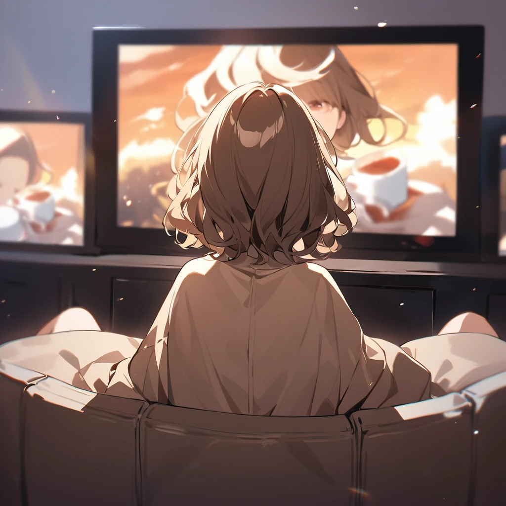 A girl with brown, wavy bob hair wearing a dark beige coat。Watching a movie on the big screen、 Back view