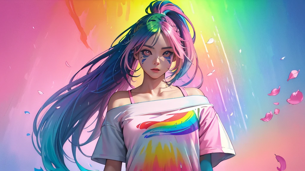 (Pink Fashion T-Shirt: 1.9), (colorfulな髪: 1.8), (All the colors of the rainbow: 1.8), (((Vertical painting: 1.6))), (painting: 1.6), front, manga, figure, painting, Big eyes, Crystal Clear, (Rainbow gradient high ponytail: 1.7), Delicate makeup, shut up, (Small freshness: 1.5), (Bandeau: 1.6), Long eyelashes, White off-shoulder T-shirt, White shoulder shirt, Looking at the audience, Big teary eyes, (Rainbow Hair: 1.6), カラーsplash, (alone:1.8), カラーsplash, An explosion of colors, カラーsplash, An explosion of colors, 厚漆Wind, Messy Lines, ((The Shining)), (colorful), (colorful), (colorful), colorful, Thick paint Style, (splash) (Color splash), Vertical painting, Upper Body, paint splash, Acrylic Pigments, Slope, paint, Best image quality, masterpiece, alone, Depth of written boundary, Face paint, colorful clothes, (grace: 1.2), nice, Long Hair, Wind, (grace: 1.3), (petal: 1.4), ((masterpiece))), ((Highest quality))), (Super detailed), (figure), (Dynamic Angle), (floating), (paint), ((Hair loss)), (alone), (One girl), ( ( ( Detailed anima face))), (( Beautifully detailed face)), collar, Exposed shoulders, Gray Hair, ((Colored Hair)), ((Striped Hair)), Beautiful attention to detail, (Gradient Eye), (Colored eyes))), (Colored Background))), (High saturation))), ((surrounded by colorful splashes))),