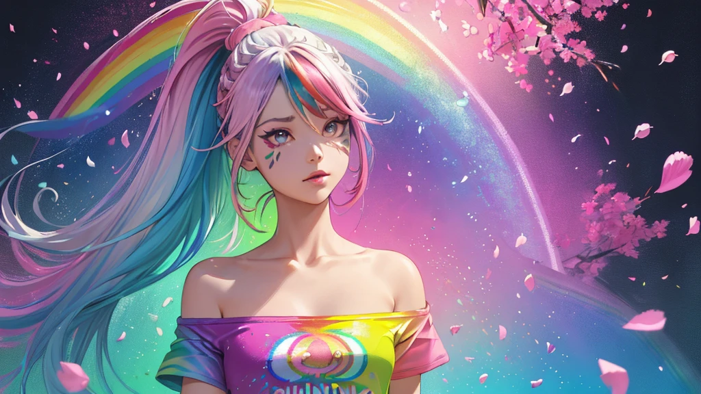 (Pink Fashion T-Shirt: 1.9), (colorfulな髪: 1.8), (All the colors of the rainbow: 1.8), (((Vertical painting: 1.6))), (painting: 1.6), front, manga, figure, painting, Big eyes, Crystal Clear, (Rainbow gradient high ponytail: 1.7), Delicate makeup, shut up, (Small freshness: 1.5), (Bandeau: 1.6), Long eyelashes, White off-shoulder T-shirt, White shoulder shirt, Looking at the audience, Big teary eyes, (Rainbow Hair: 1.6), カラーsplash, (alone:1.8), カラーsplash, An explosion of colors, カラーsplash, An explosion of colors, 厚漆Wind, Messy Lines, ((The Shining)), (colorful), (colorful), (colorful), colorful, Thick paint Style, (splash) (Color splash), Vertical painting, Upper Body, paint splash, Acrylic Pigments, Slope, paint, Best image quality, masterpiece, alone, Depth of written boundary, Face paint, colorful clothes, (grace: 1.2), nice, Long Hair, Wind, (grace: 1.3), (petal: 1.4), ((masterpiece))), ((Highest quality))), (Super detailed), (figure), (Dynamic Angle), (floating), (paint), ((Hair loss)), (alone), (One girl), ( ( ( Detailed anima face))), (( Beautifully detailed face)), collar, Exposed shoulders, Gray Hair, ((Colored Hair)), ((Striped Hair)), Beautiful attention to detail, (Gradient Eye), (Colored eyes))), (Colored Background))), (High saturation))), ((surrounded by colorful splashes))),