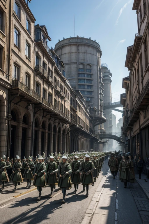 Draw a primitive elven alien civilization during the second industrial revolution period of their specie evolving, with a elven industrial nation's army with white uniforms marching in a old european's city style. Draw the elves soldiers marching beside old industrial tanks in a city with european's structure style mixed with elven's structure types.