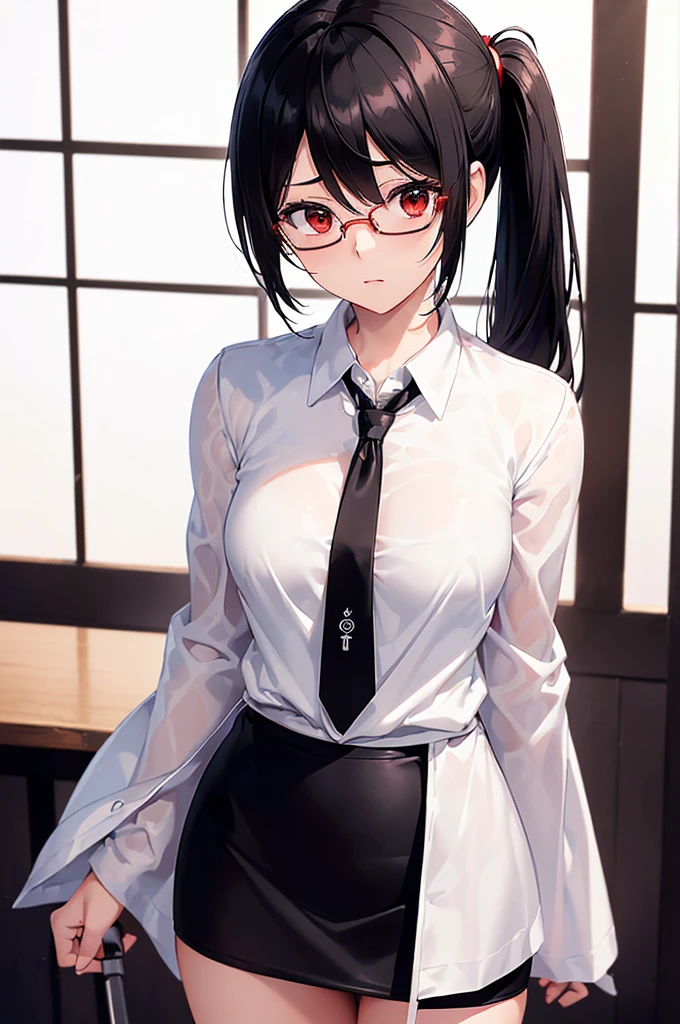 (masterpiece; best quality: 1.2), (finely detailed eyes: 1.3), ((25 year old woman)), ((solo)), (red eyes: 1.4), (body; gorgeous, soft, femenine: 1.3), (silky black hair + low ponytail: 1.3), (beautiful and clear background: 1.2), ((depth of field)), (equipment: white lab coat + black shirt + white necktie + black pencil skirt + black tights + black square glasses: 1.3), (anime illustration: 1.2), (background composition; japanese highschool classroom + furniture: 1.1), (extremely fine and beautiful: 1.1), (shot composition; standing + centered on torso + close-up: 1.5), (expression; calm, stoic: 1.2)