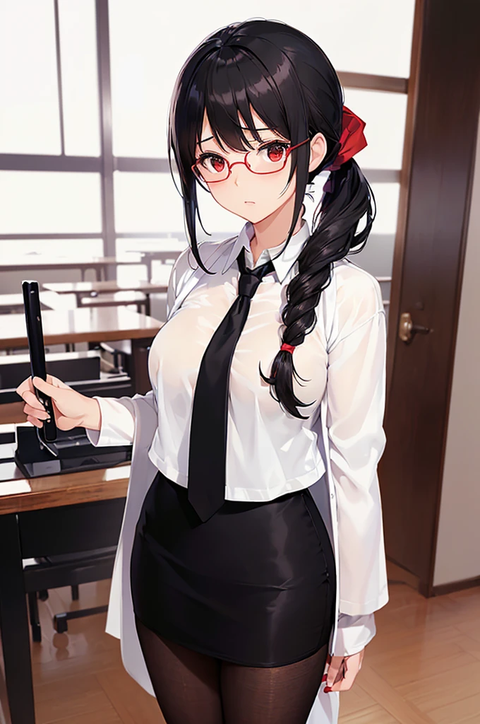 (masterpiece; best quality: 1.2), (finely detailed eyes: 1.3), ((25 year old woman)), ((solo)), (red eyes: 1.4), (body; gorgeous, soft, femenine: 1.3), (silky black hair + low ponytail: 1.3), (beautiful and clear background: 1.2), ((depth of field)), (equipment: white lab coat + black shirt + white necktie + black pencil skirt + black tights + black square glasses: 1.3), (anime illustration: 1.2), (background composition; japanese highschool classroom + furniture: 1.1), (extremely fine and beautiful: 1.1), (shot composition; standing + centered on torso + close-up: 1.5), (expression; calm, stoic: 1.2)