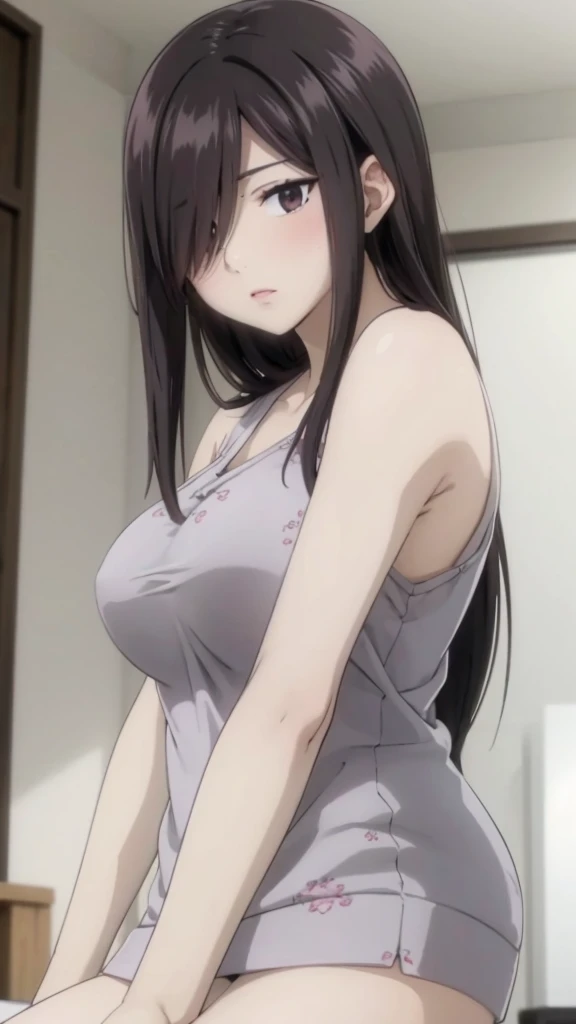 Cute , mature women, chubby cheek,realistic skin, pajama ,realistic breast, saggy breast, nipple out,muted colours, cold lighting, pale white skin, mature women,black hair, long hair, (hair over one eye:1.4), Messy hair,straight hair,hair between eyes ,sleepy eyes ,beautiful,pucker lips,charm,pubic hair pussy,dense pubic hair, cute shy blush on