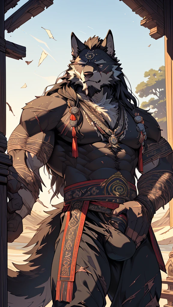 (masterpiece),(highres),(intricate details:1.4),extremely detailed,(illustration:1.2),8k,photorealistic,exquisite,,aged,elder male wolf,muscular,(general:1.7),black fur,manhood,warrior,(black fur:1.3),long hair,long beard,(large scars:1.2),(badly damaged:1.7),(bulging crotch:1.8),(homosexual),(a serene face:1.9)