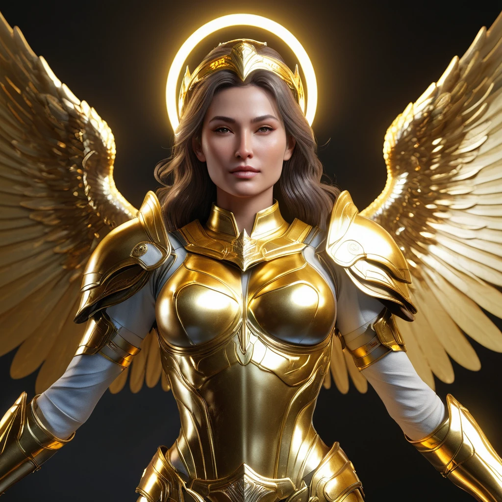 The female archangel is depicted as a majestic, serene figure in her divine form. He is adorned with a glowing halo and dazzling, short, slim-fitting golden armor that reflects his celestial origins.
big tits, highly detailed
photorealistic, 64k, ultrarealistic, Unreal Engine 5.