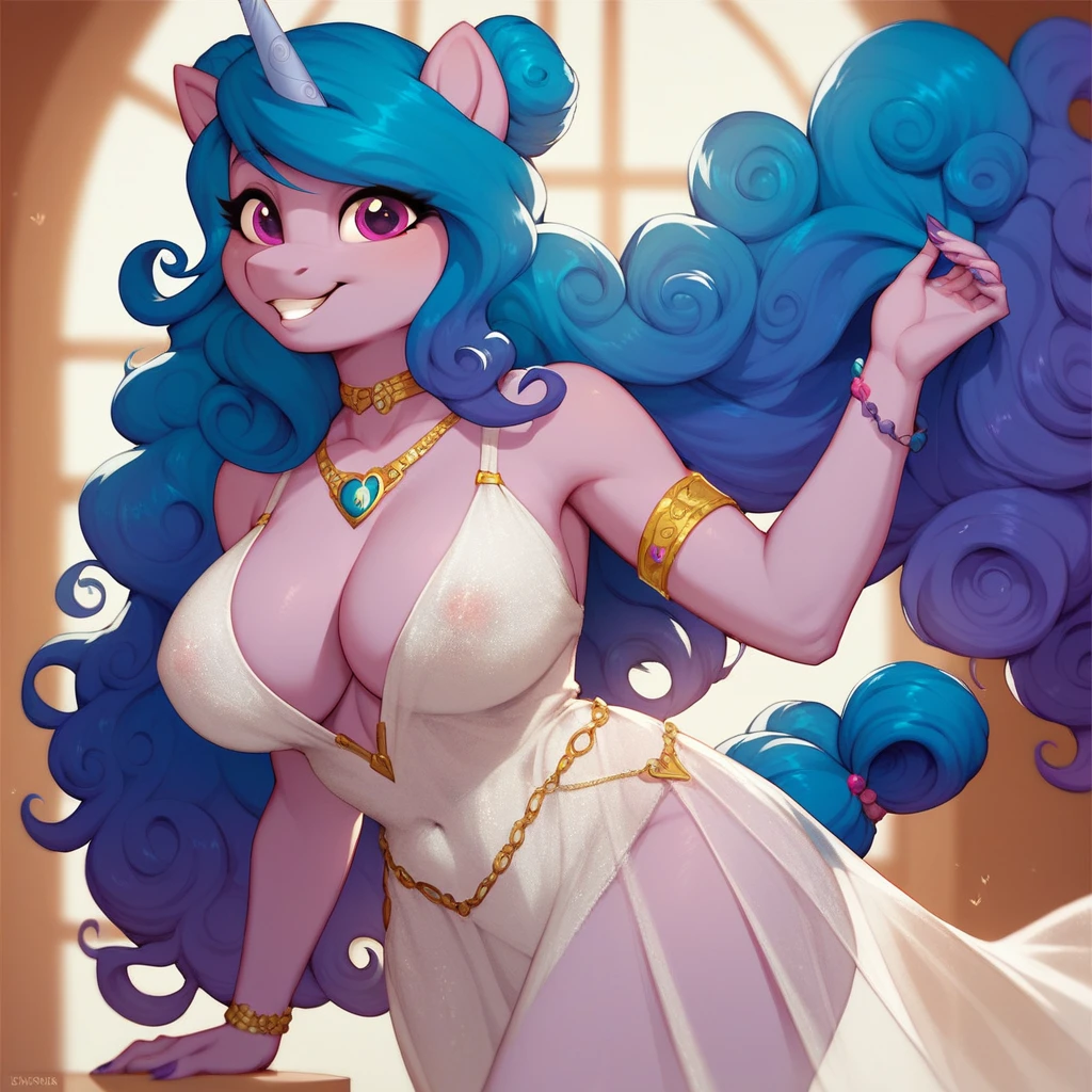 score_9, score_8_up, score_7_up, Izzy Moonbow, mlp, G5, anthro, 1girl, purple eyes, solo, two curly top hair knot buns with two curly hair strands on the side, blue see through dress, large breasts, cleavage, jewellery, 1girl, solo