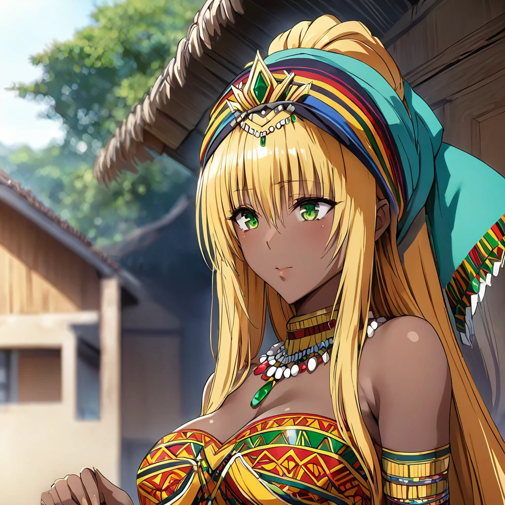 ((Highest quality)), ((masterpiece)), (detailed), （Perfect Face）、The woman is a black Ghanaian Tiayyu with vivid dark skin, wearing a gorgeous, colorful, glittering Ghanaian dress, a colorful head scarf, gorgeous jeweled accessories, and an engagement ring in a Ghanaian village.、The woman is an elegant Tiara with green eyes and blonde semi-long hair. She is wearing a colorful Ghanaian dress and a colorful head scarf. She has bright dark brown skin and is a black Ghanaian Tiara.、（The woman is a black Ghanaian with vivid dark brown skin.）