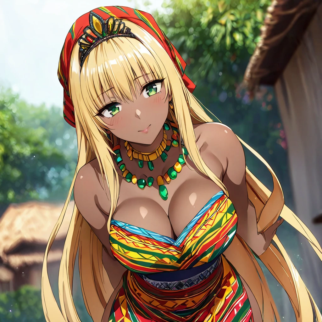 ((Highest quality)), ((masterpiece)), (detailed), (Perfect Face)、The woman is a black Ghanaian Tiayyu with vivid dark skin, wearing a gorgeous, colorful, glittering Ghanaian dress, a colorful head scarf, gorgeous jeweled accessories, and an engagement ring in a Ghanaian village.、The woman is an elegant Tiara with green eyes and blonde semi-long hair. She is wearing a colorful Ghanaian dress and a colorful head scarf. She has bright dark brown skin and is a black Ghanaian Tiara.、(The woman is a black Ghanaian with vivid dark brown skin.)