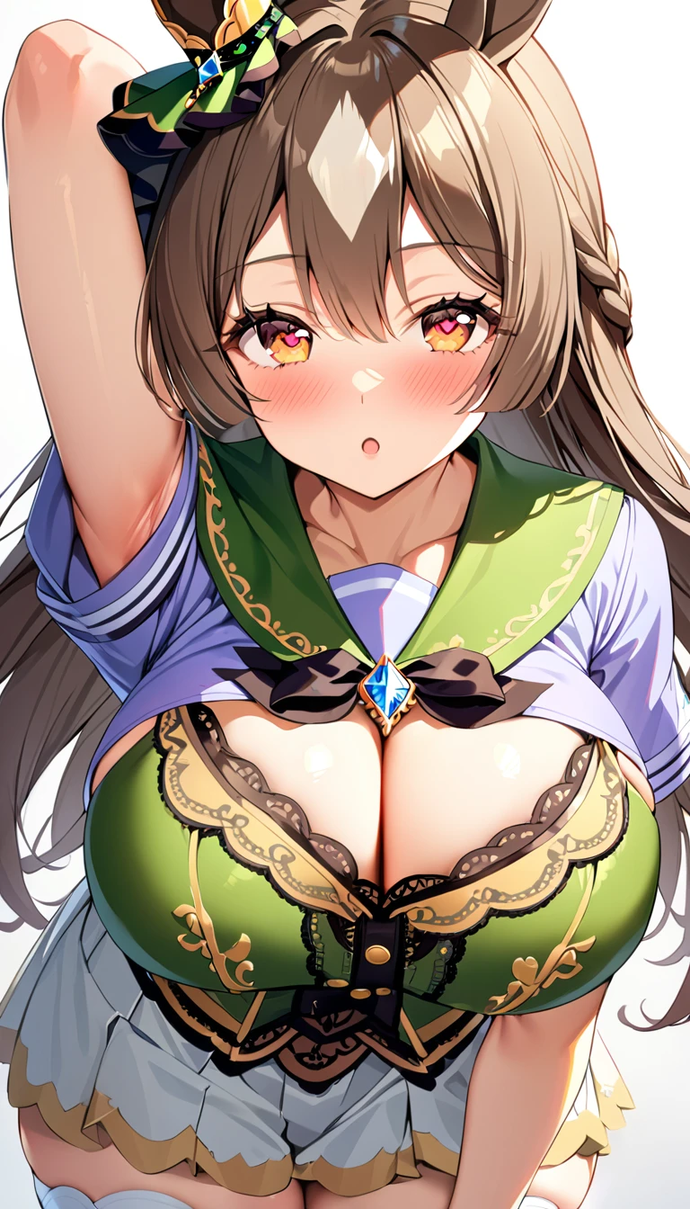 16k,1girl, Satono diamond \(umamusume\), umamusume,  yellow eyes,big breast,thick thighs, , sailor collar, bowtie, purple shirt, sailor shirt, short sleeves, white skirt, white thighhighs,arm up,armpit focus,breast focus,blush, :o,natural lighting, (masterpiece, best quality), detailed scenery,looking view,(heart in eyes,heart,Heart Eyes),pov,white background 