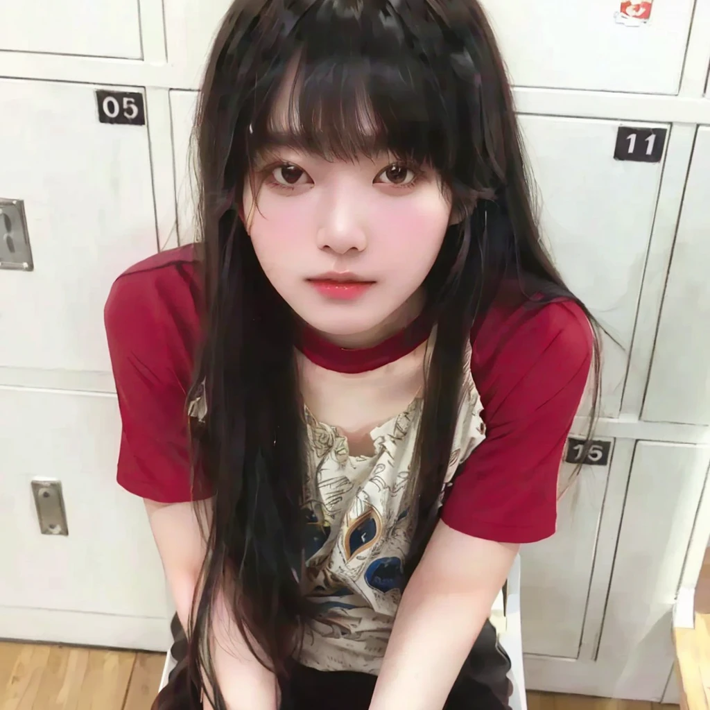 there is a young woman sitting on a chair in a red shirt, neat hair with bangs, Chiho, cute face girl, long hair with full bangs, long hair with bangs, ruan father vtuber, the hime cut, Sakimi-chan, ulzzang, with bangs, dilraba dilmurat, shikamimi