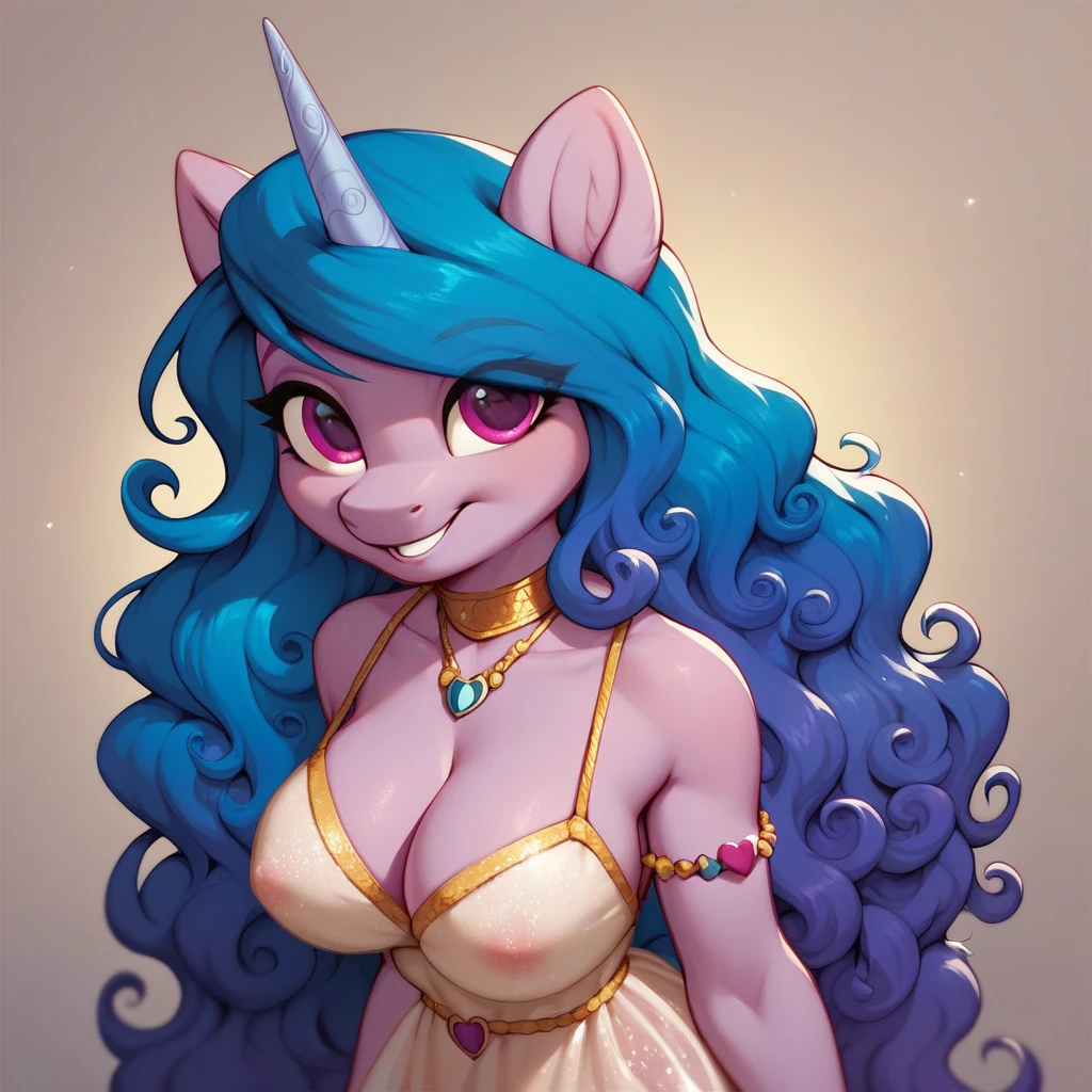 score_9, score_8_up, score_7_up, Izzy Moonbow, mlp, G5, anthro, 1girl, purple eyes, solo, two curly top hair knot buns with two curly hair strands on the side, blue see through dress, large breasts, cleavage, jewellery, 1girl, solo