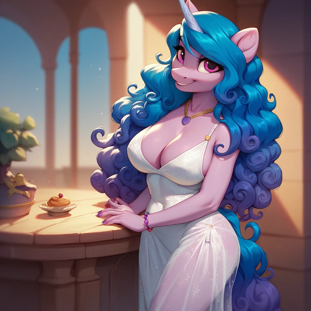 score_9, score_8_up, score_7_up, Izzy Moonbow, mlp, G5, anthro, 1girl, purple eyes, solo, two curly top hair knot buns with two curly hair strands on the side, blue see through dress, large breasts, cleavage, jewellery, 1girl, solo