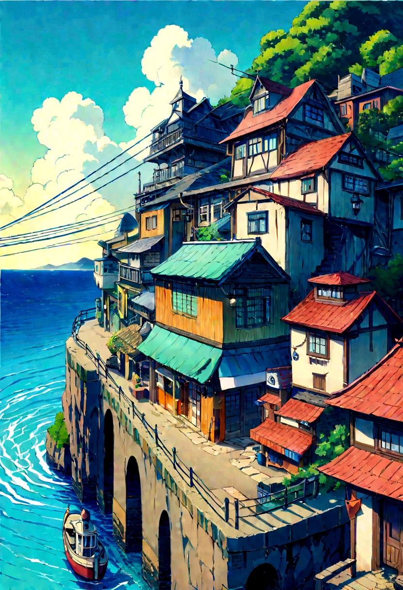 Studio Ghibli-style anime movies, Movie stills, Highest quality, masterpiece, Representative works, Official Art, Professional, Extremely elaborate details, 8K、Onomichi、Coastal、Slope