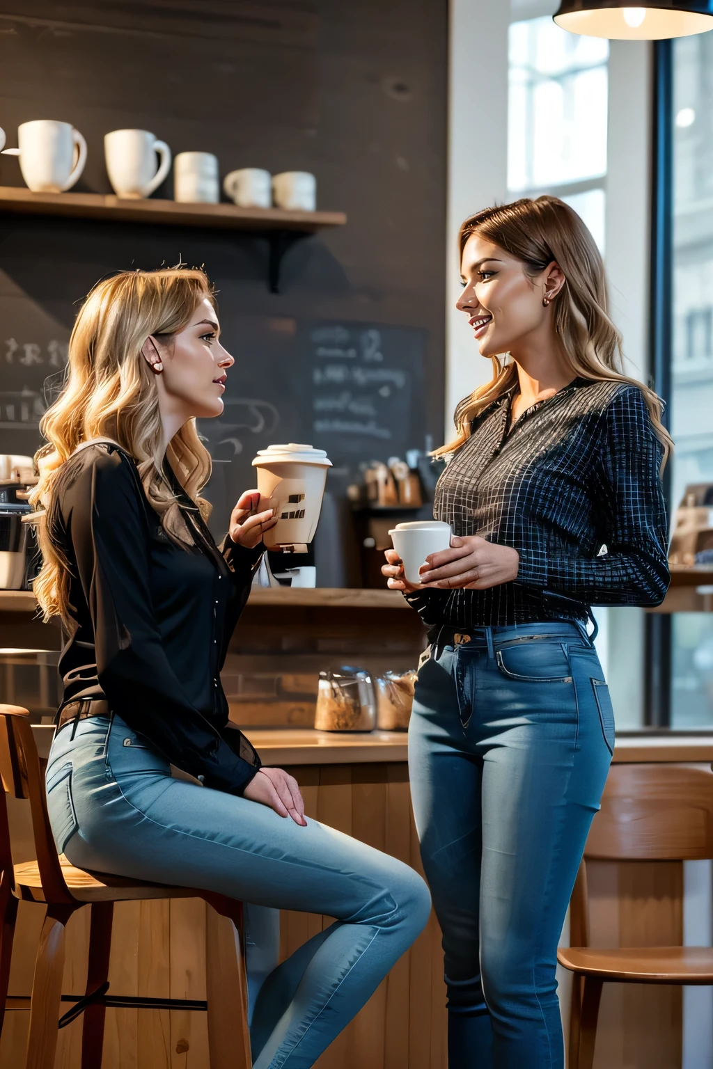 high quality,16K:1.1),((, Two German women sitting on chairs in a coffee shop）机を挟んでFacing each other,Chatting 、(Full Body Shot:1.2),(),Blonde wavy hair、、ear piercing、smile、Beautiful teeth alignment、((Long sleeve blouse、Skinny jeans、pumps)), ,(View your audience:1.3),The background is a coffee shop
