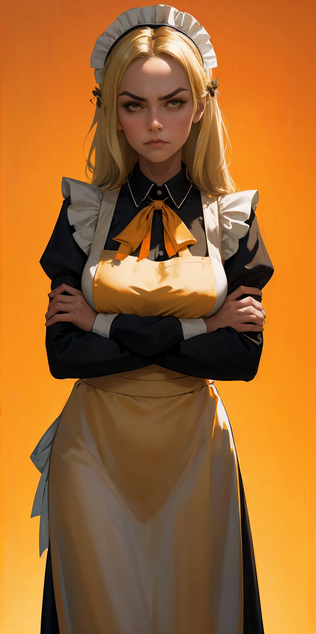 1girl, apron, blonde hair, bow, breast hold, breasts, brooch, closed mouth, crossed arms, dress, dusk, enmaided, evening, frown, ginkgo leaf, gradient, gradient background, long hair, long sleeves, looking at viewer, maid, maid apron, maid headdress, medium breasts, orange background, orange sky, orange theme, ribbon, solo, sunflower, sunset, v-shaped eyebrows, white apron, yellow background, yellow sky, yellow theme