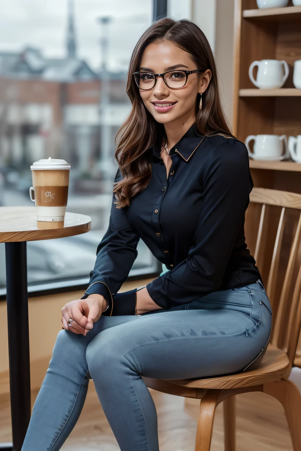 high quality,16K:1.1),((, Two German women sitting on chairs in a coffee shop)Facing each other across the desk,Chatting 、(Full Body Shot:1.2),(),bionde 、Glasses、ear piercing、smile、Beautiful teeth alignment、((Long sleeve blouse、Skinny jeans、pumps)), ,(View your audience:1.3),The background is a coffee shop